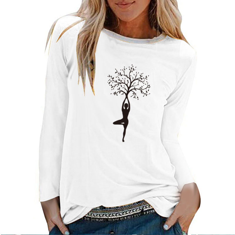 Dame Baum Druck Lange Hülse T-shirts Frauen Herbst Winter Shirts für Frauen Baumwolle Graphic Tees Ästhetischen Weiß O Neck Tops weibliche