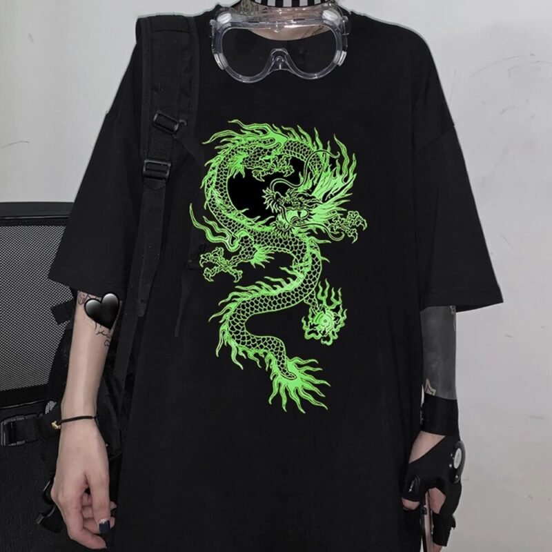 Drachen Drucken T-Shirt Frauen Plus Größe Kurzarm Tumblr Casual Neue Street Hip Hop tops Harajuku Spaß Grund Damen Sommer t – Bild 2