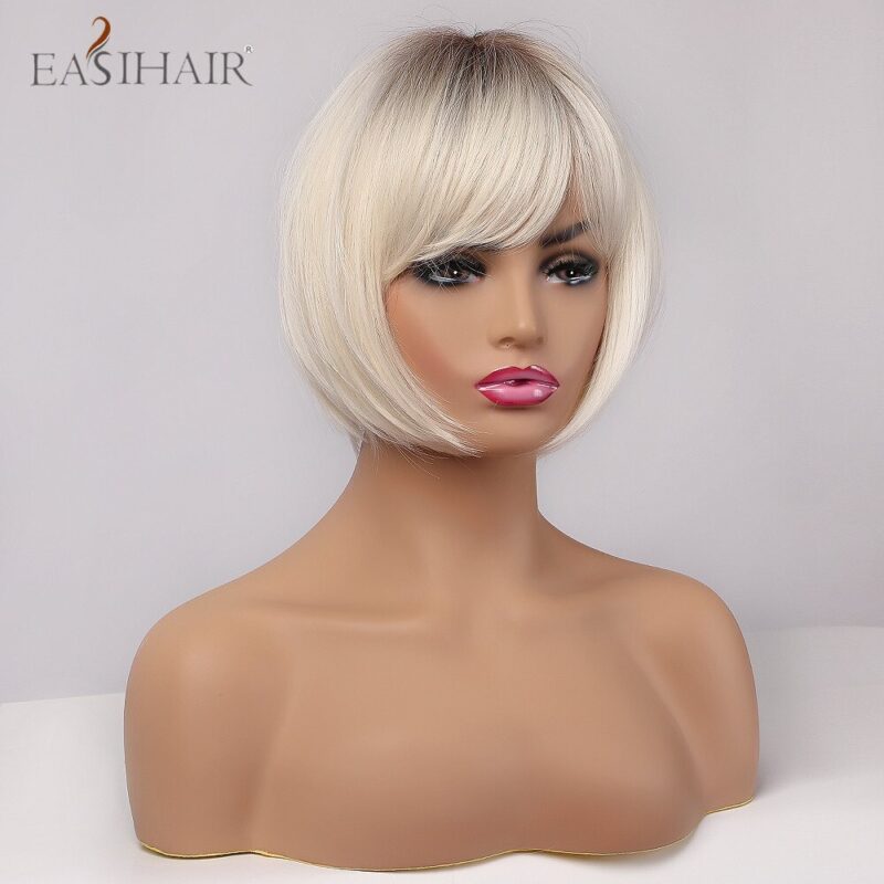 EASIHAIR Kurzen Haar Perücke mit Pony Pixie Cut Ombre Schwarz Asche Licht Blonde Synthetische Perücken für Frauen Cosplay Perücken Wärme beständig – Bild 3