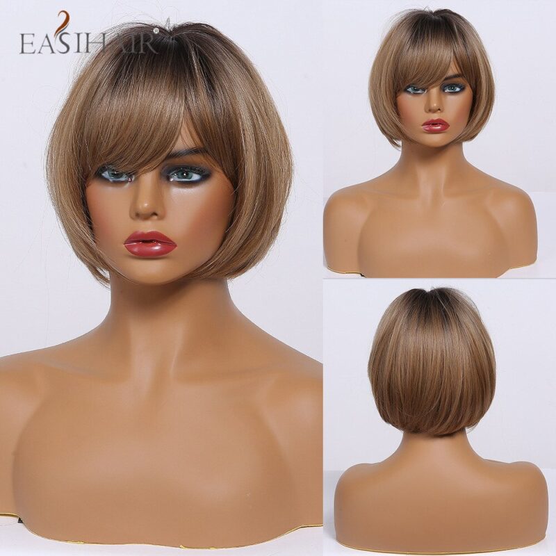 EASIHAIR Kurzen Haar Perücke mit Pony Pixie Cut Ombre Schwarz Asche Licht Blonde Synthetische Perücken für Frauen Cosplay Perücken Wärme beständig – Bild 5