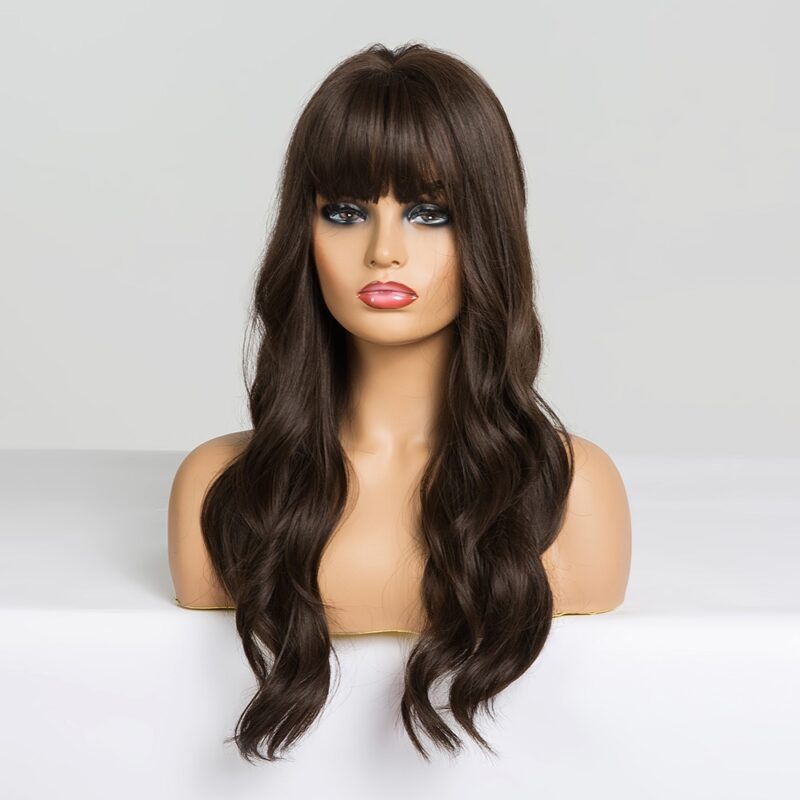 EASIHAIR Lange Dark Brown frauen Perücken mit Pony Wasser Welle Wärme Beständig Synthetische Perücken für Schwarze Frauen African American haar – Bild 3