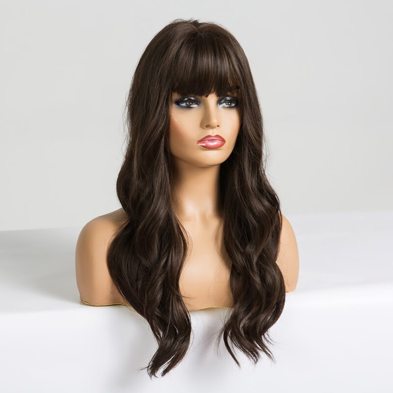 EASIHAIR Lange Dark Brown frauen Perücken mit Pony Wasser Welle Wärme Beständig Synthetische Perücken für Schwarze Frauen African American haar – Bild 4