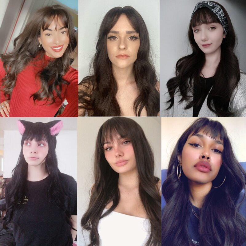 EASIHAIR Lange Dark Brown frauen Perücken mit Pony Wasser Welle Wärme Beständig Synthetische Perücken für Schwarze Frauen African American haar – Bild 6