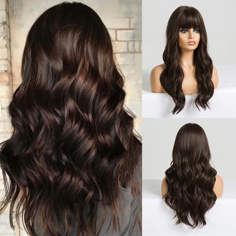 EASIHAIR Lange Dark Brown frauen Perücken mit Pony Wasser Welle Wärme Beständig Synthetische Perücken für Schwarze Frauen African American haar