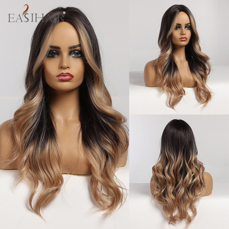 EASIHAIR Lange Körper Welle Perücken Ombre Schwarz Blonde Synthetische Perücke Cosplay Mittleren Teil Natürliche Frisur Hitze Beständig Perücke für Frauen – Bild 5