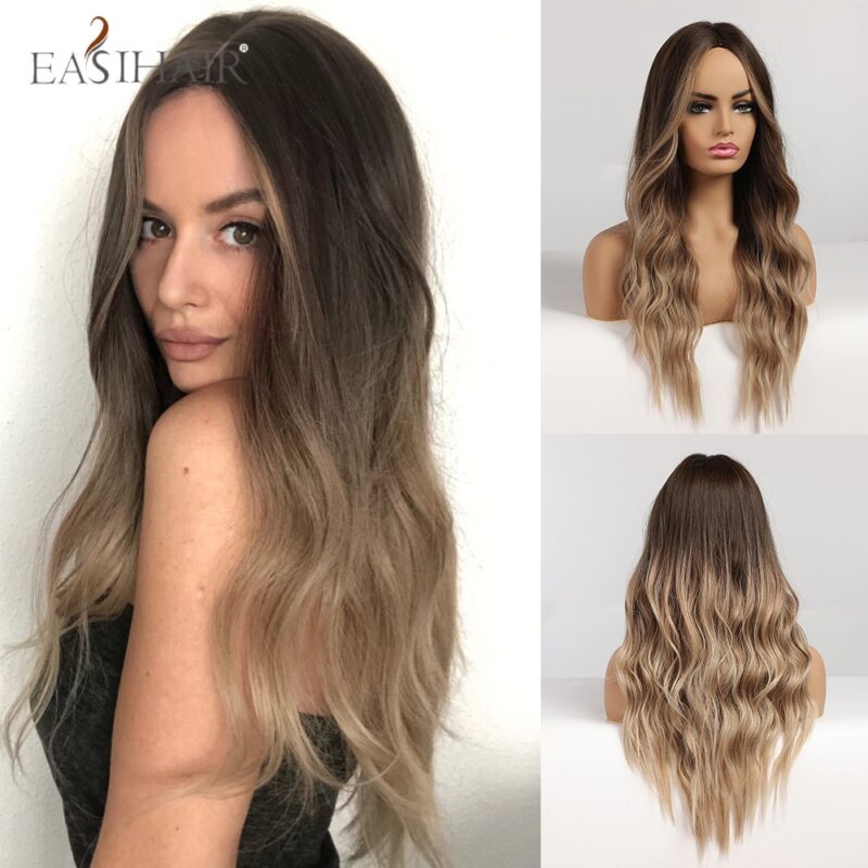 EASIHAIR Lange Körper Welle Perücken Ombre Schwarz Blonde Synthetische Perücke Cosplay Mittleren Teil Natürliche Frisur Hitze Beständig Perücke für Frauen