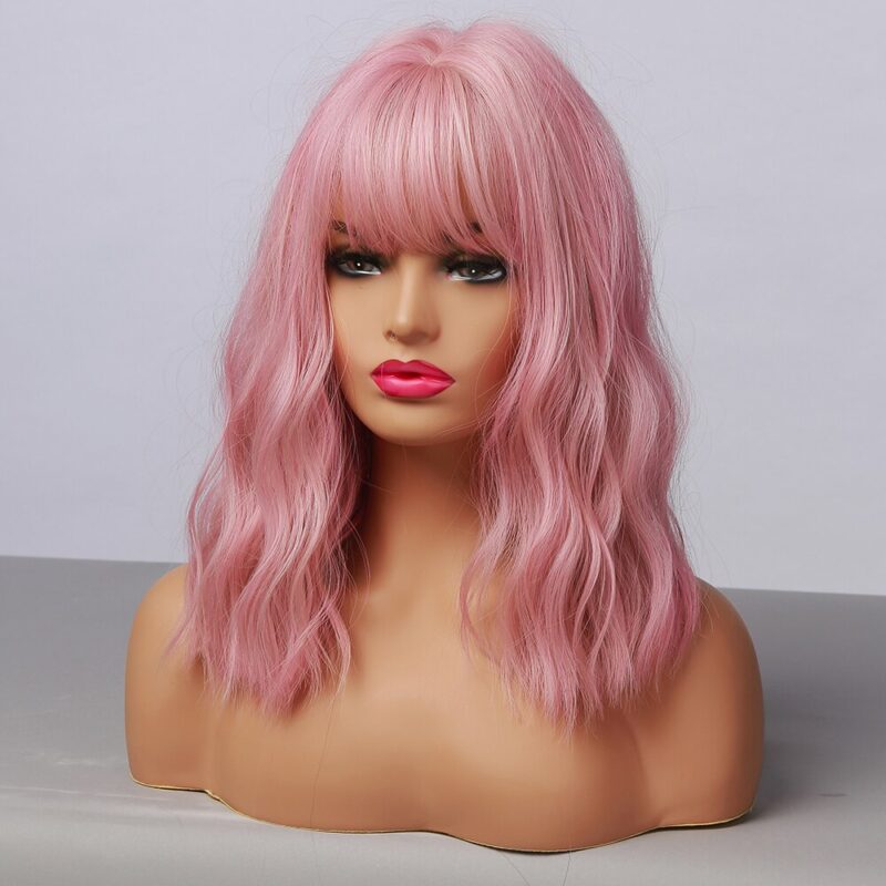 EASIHAIR Rosa Bob Perücken für Frauen Synthetische Perücken mit Pony Natürliche Haar Perücke Medium Länge Nette Cosplay Perücken – Bild 3