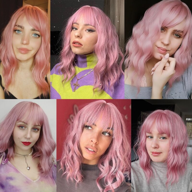 EASIHAIR Rosa Bob Perücken für Frauen Synthetische Perücken mit Pony Natürliche Haar Perücke Medium Länge Nette Cosplay Perücken – Bild 6
