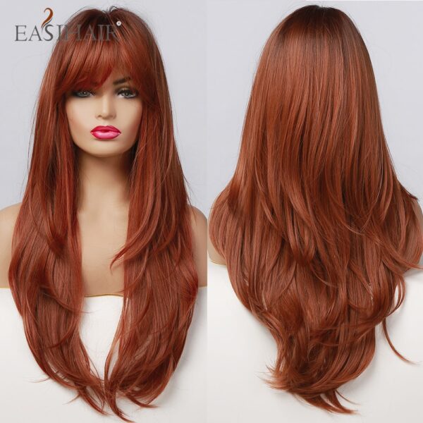 EASIHAIR Rot Braun Dunkle Wurzel Synthetische Lange Wellenförmige Perücken mit Pony Farbige Fiber Haar Cosplay Perücken für Schwarze Frauen Wärme beständig