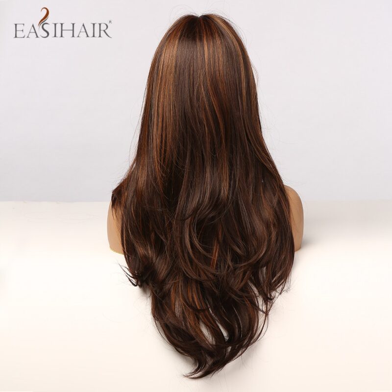 EASIHAIR Schwarz Braun Goldene Highlight Perücken Lange Wellenförmige Synthetische Haar Perücken mit Pony Hitze Beständig Cosplay Perücken für Schwarze Frauen – Bild 3