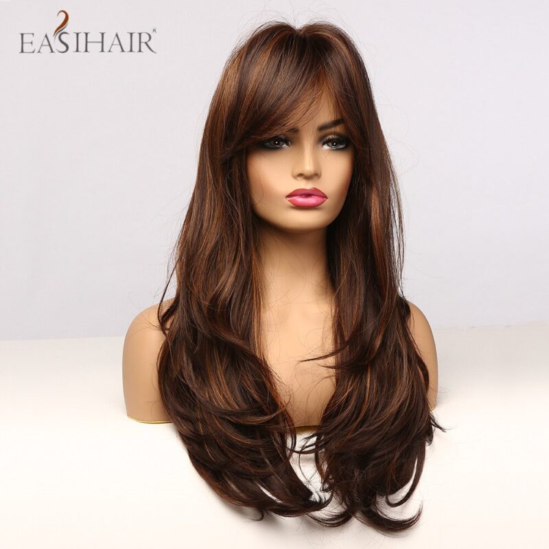 EASIHAIR Schwarz Braun Goldene Highlight Perücken Lange Wellenförmige Synthetische Haar Perücken mit Pony Hitze Beständig Cosplay Perücken für Schwarze Frauen – Bild 4