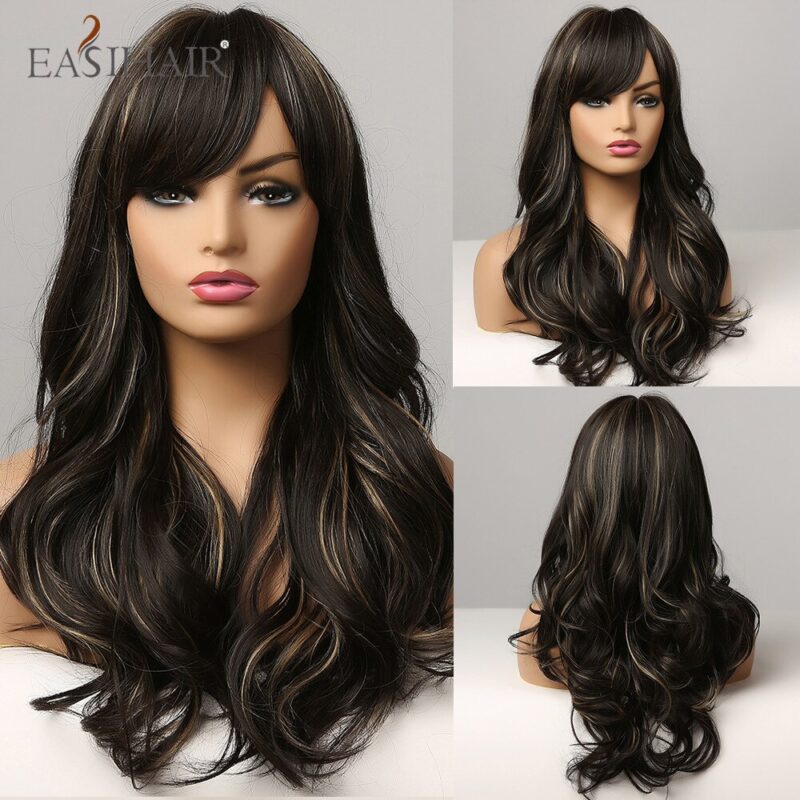 EASIHAIR Schwarz Braun Goldene Highlight Perücken Lange Wellenförmige Synthetische Haar Perücken mit Pony Hitze Beständig Cosplay Perücken für Schwarze Frauen – Bild 6