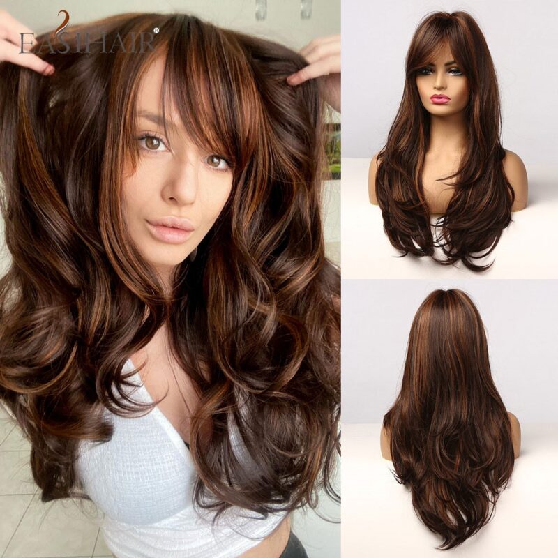 EASIHAIR Schwarz Braun Goldene Highlight Perücken Lange Wellenförmige Synthetische Haar Perücken mit Pony Hitze Beständig Cosplay Perücken für Schwarze Frauen
