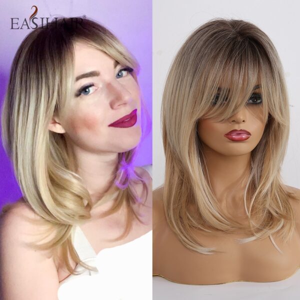 EASIHAIR Synthetische Perücken für Frauen Ombre Braun Blonde Perücken mit Pony Layered Cosplay Perücken Hitze Beständig Medium Länge Perücke