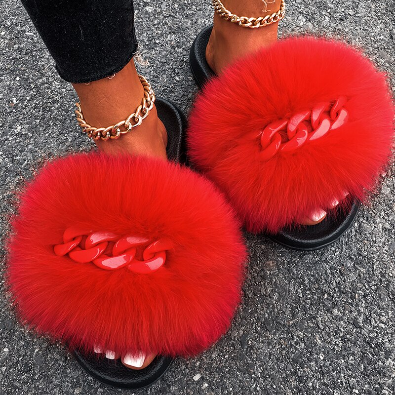 Echt Fox Fell Hausschuhe Flauschigen Flip-Flops Shiny Kette Plüsch Hausschuhe Furry Pelz Rutschen Hause Strand Flache Sandalen Frauen Mode schuhe – Bild 5