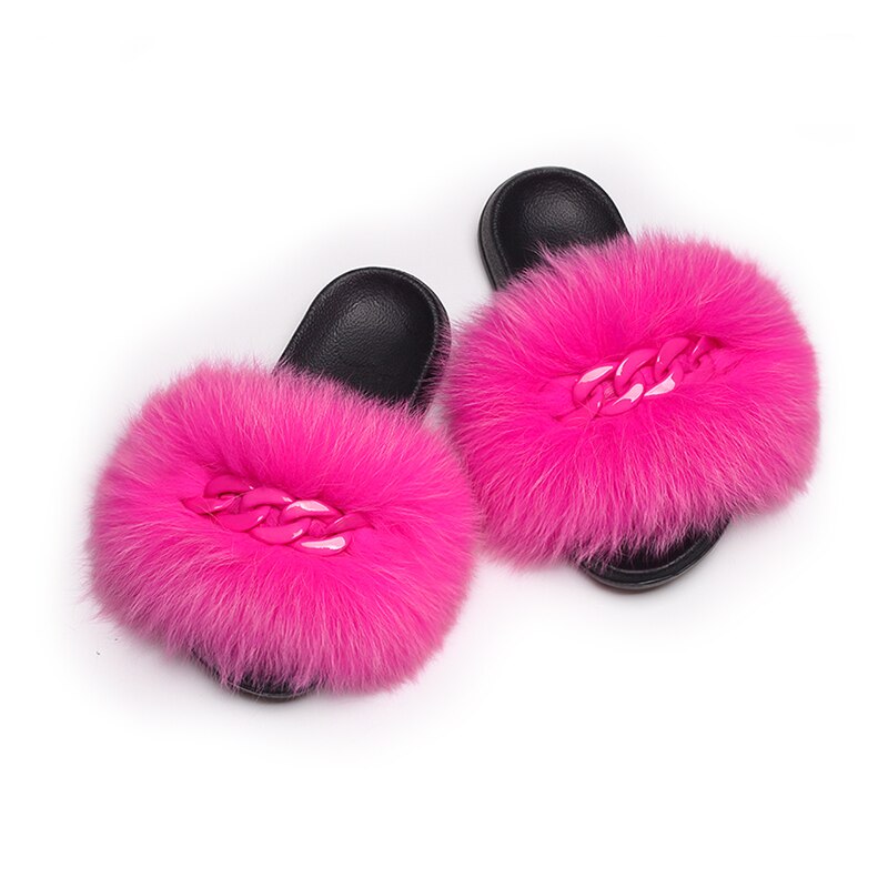 Echt Fox Fell Hausschuhe Flauschigen Flip-Flops Shiny Kette Plüsch Hausschuhe Furry Pelz Rutschen Hause Strand Flache Sandalen Frauen Mode schuhe – Bild 6