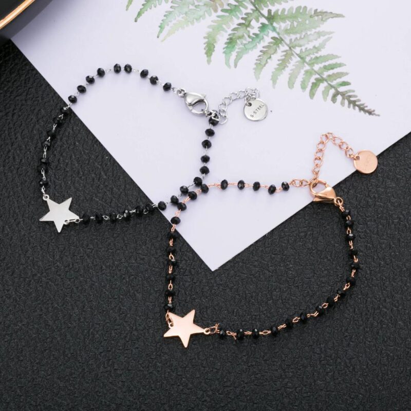 Edelstahl Schwarz Kristall Perlen Kette Armband Rose Gold Herz Sterne Vier Clover Charms Armband Für Frauen 2020 Stahl Schmuck – Bild 5