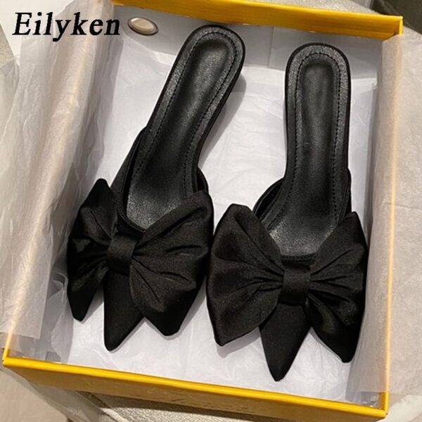 Eilyken Neue Mode Schmetterling-knoten Elegante Kleid Pumpen Sexy Spitz Flach Mule Hausschuhe Frauen Niedrigen Ferse Gleitet Party schuhe