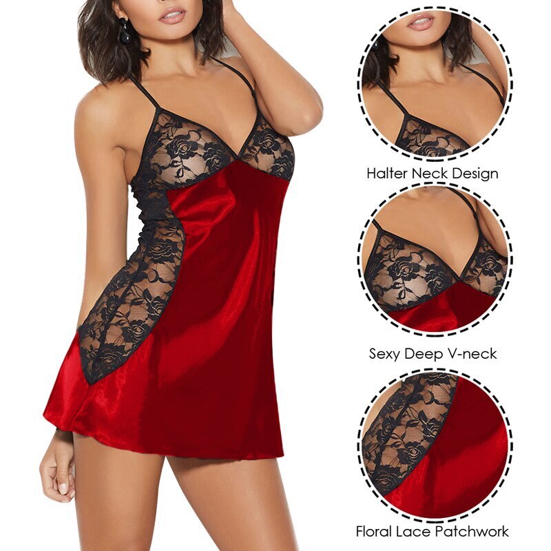Einteiliges Plus Größe Sexy Dessous Transparent Frauen Bh Set Erotische BabyDoll Rote Unterwäsche Set Spitze Up Silk Body schlaf Kleid – Bild 2
