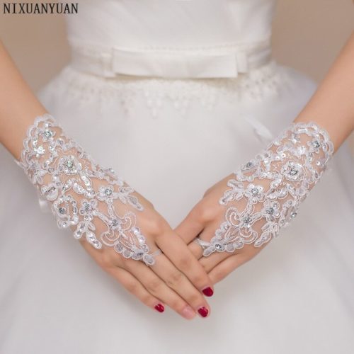 Neu Fingerlose Satin und Spitze Hochzeit Handschuhe in Weiß Elfenbein 