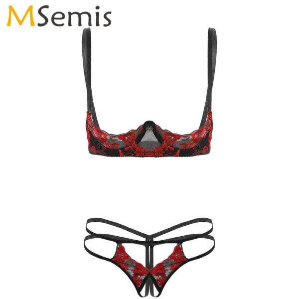 Erotische Frauen Stickerei Spitze Dessous Set Sexy Cupless Bare Bh mit Öffnen Gabelung String Höschen Lenceria Micro Bikini Unterwäsche