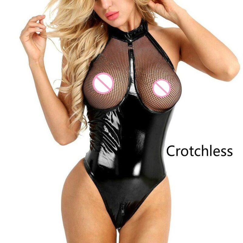 Erotische Sexy Ouvert Latex Catsuit Fishnet Kleidung Öffnen Gabelung Overall Patent Leder Brust Ausgesetzt Body Dessous – Bild 3