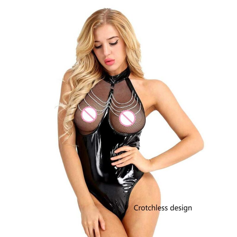 Erotische Sexy Ouvert Latex Catsuit Fishnet Kleidung Öffnen Gabelung Overall Patent Leder Brust Ausgesetzt Body Dessous – Bild 5