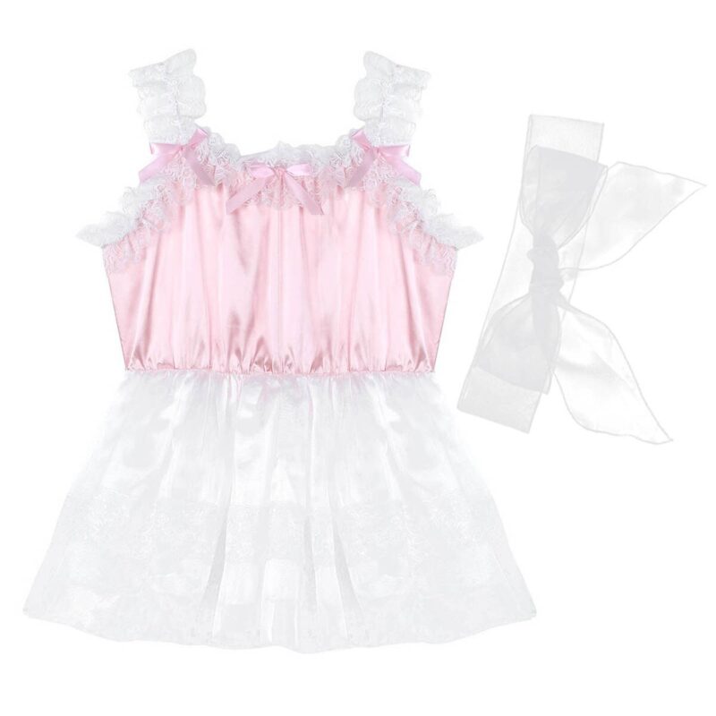 Erwachsene Baby Mens Sissy Babydoll Crossdress Gekräuselte Spitze Riemen Tüll Kleid mit Taille Gürtel Homosexuell Männlichen Clubwear Cosplay Kostüme – Bild 4