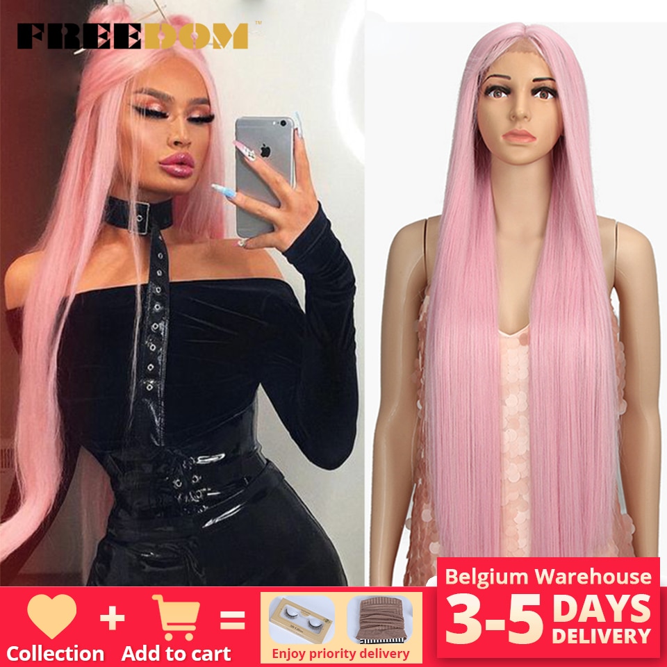 FREIHEIT Synthetische Spitze Perücke 38 Zoll Tiefe Teil Lange Gerade Perücken Ombre Rosa Cosplay Perücken Synthetische Spitze Perücke Für Schwarz frauen