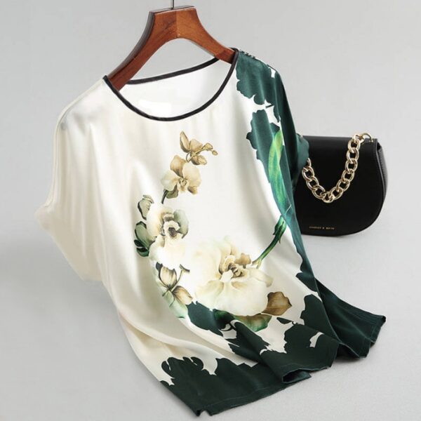 Fashion Floral Print Bluse Pullover Damen Silk Satin Blusen Plus Größe Batwing Hülse Vintage Print Casual Kurzarm Tops