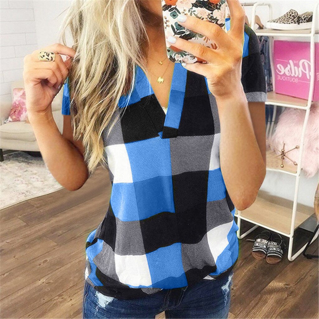 Fashion Plaid T Shirt Plus Größe Baumwolle t-shirt Casual Sommer Damen Sexy V-ausschnitt Tunika Tops Weibliche Frauen Kurzarm Shirt blusas – Bild 3