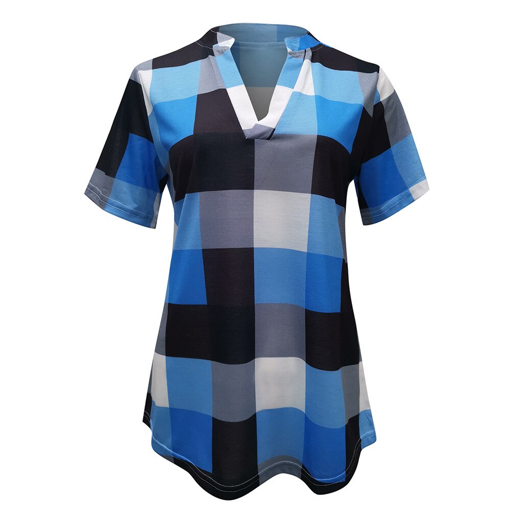 Fashion Plaid T Shirt Plus Größe Baumwolle t-shirt Casual Sommer Damen Sexy V-ausschnitt Tunika Tops Weibliche Frauen Kurzarm Shirt blusas – Bild 4