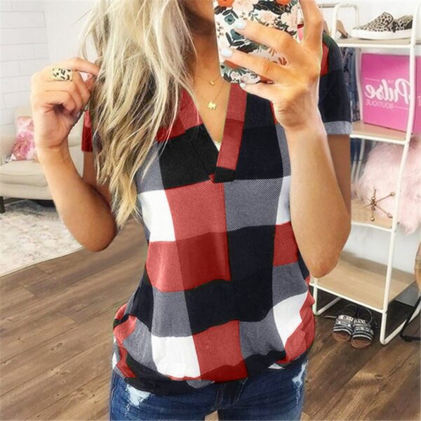 Fashion Plaid T Shirt Plus Größe Baumwolle t-shirt Casual Sommer Damen Sexy V-ausschnitt Tunika Tops Weibliche Frauen Kurzarm Shirt blusas