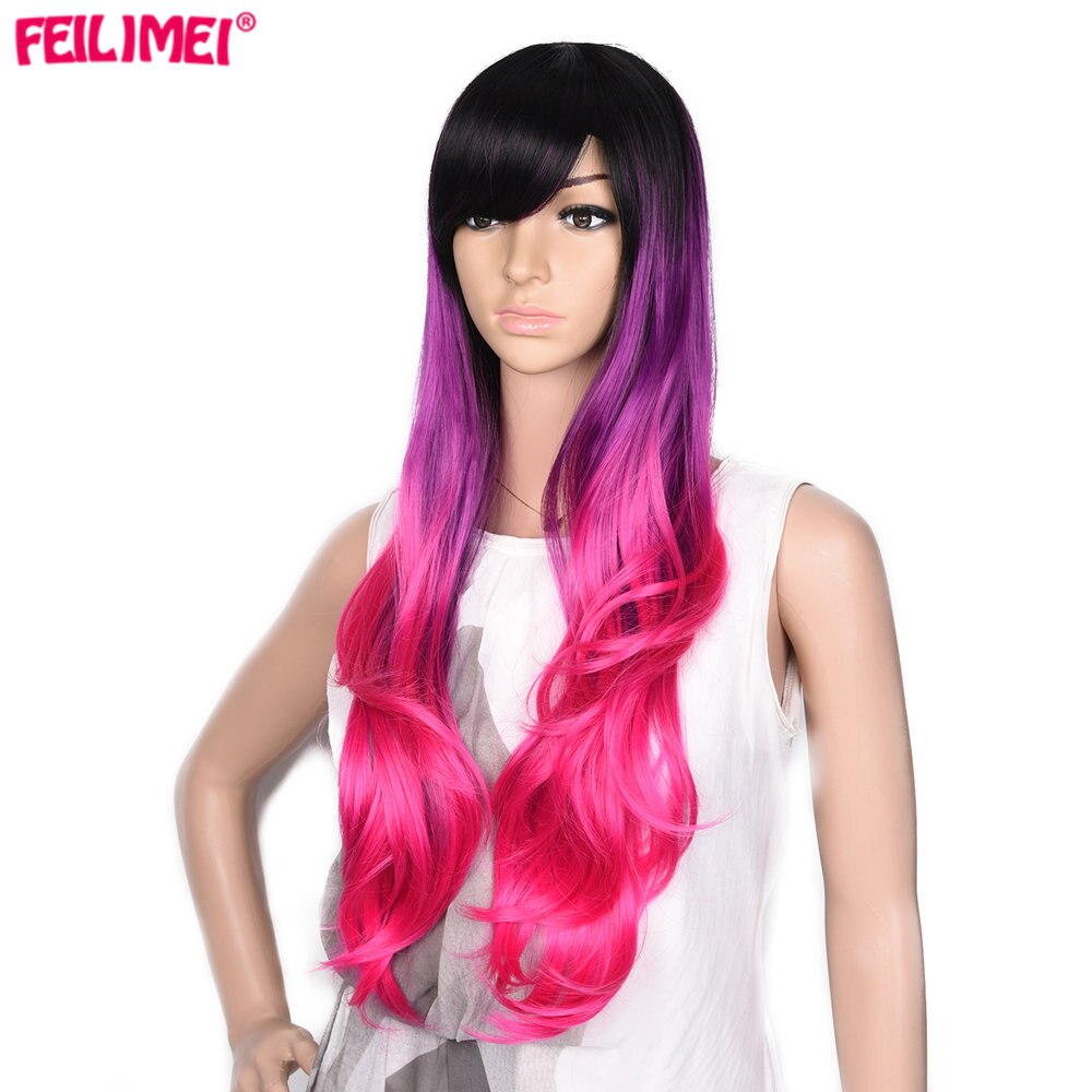 Feilimei Ombre Perücken Synthetische Wärme Beständig Haar Extensions Rosa Rot Grau Lila Lange Wellenförmige Frauen Cosplay Perücken für Frauen – Bild 2