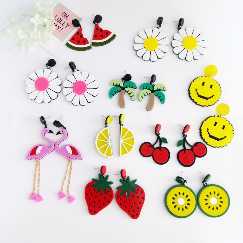 FishPeach Geometrische Red Lippen Blumen Früchte Übertrieben Lange Acryl Ohrringe Für Frauen Punk Nacht Club Pendientes Schmuck