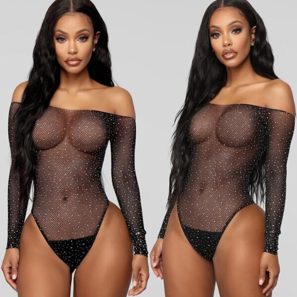 Fishnet Strass Teddy Bodys Catsuit Sexy Dessous Frauen Erotische Unterwäsche Bodystockings Deutet Mesh Babydoll R5