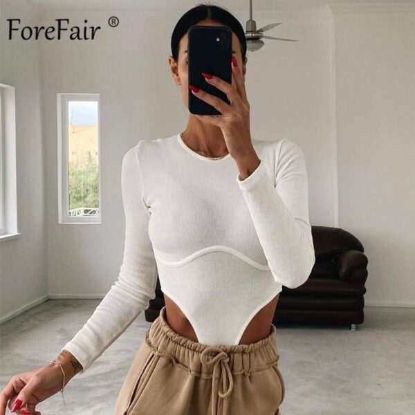 Forefair Rippen Langarm Body Neutraler High Neck Dünne Beiläufige Knit Basic Sexy Grau Winter Frauen Körper Korsett Top