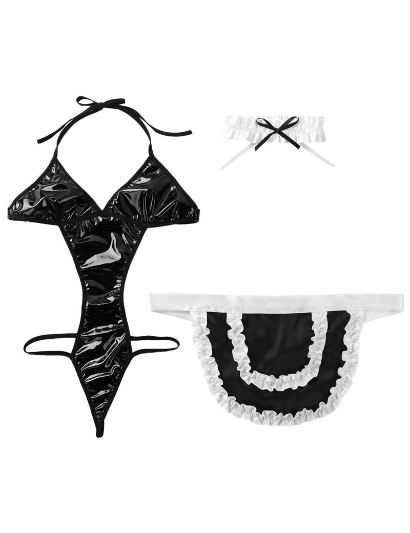 Französisch Maid Schürze Frauen Erotic Maid Cosplay Kostüm Sexy Dessous Set Rolle Spielen Nacht Tragen Aushöhlen Tanga Trikot Body – Bild 4