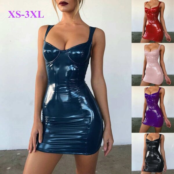 Frau Wet Look Bodycon Kleid Exotische Dancewear Heißer Mini Kleid Clubwear Leder Sexy Dessous Fetisch Latex Gummi Kleid