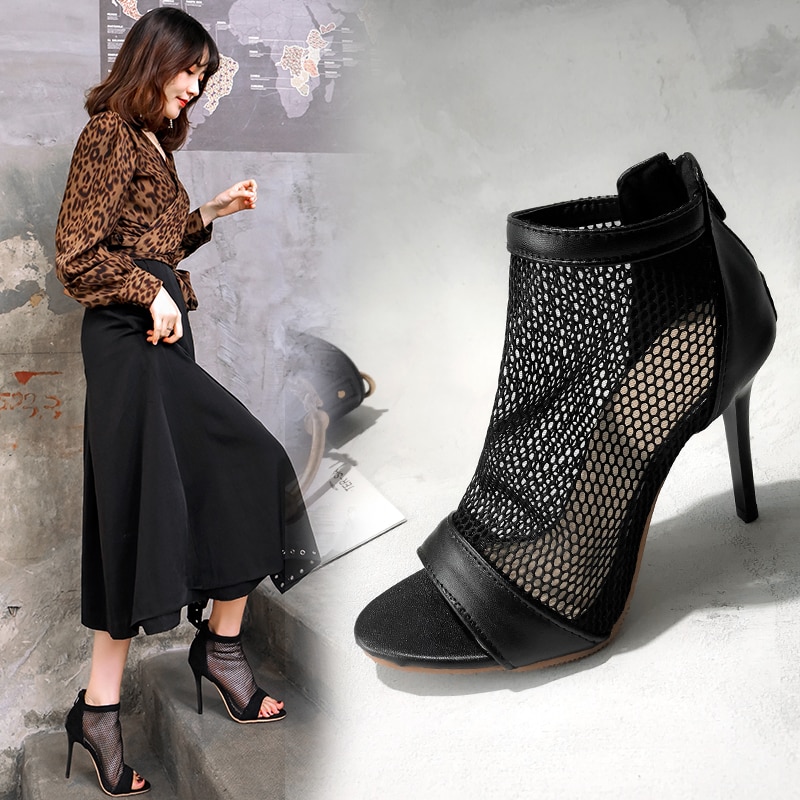 Frauen Atmungs Sandalen Offene spitze Botas Mujer Gladiator High Heels Mesh Booties Mode Dünne Ferse Schuhe Größe 42 43 44 ankle Boot – Bild 2