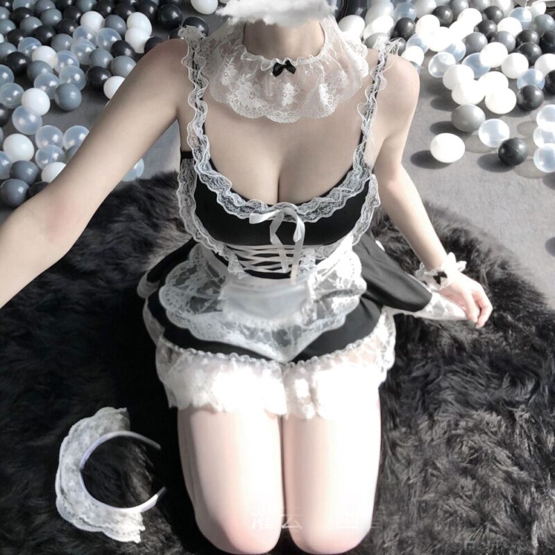 Frauen Cosplay Kostüm Sexy Erotische Wäsche Maid Kellnerin Diener Uniform Schwarz Weiß Kleid Schürze Stirnband – Bild 6