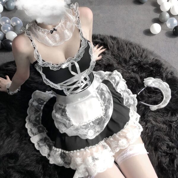Frauen Cosplay Kostüm Sexy Erotische Wäsche Maid Kellnerin Diener Uniform Schwarz Weiß Kleid Schürze Stirnband