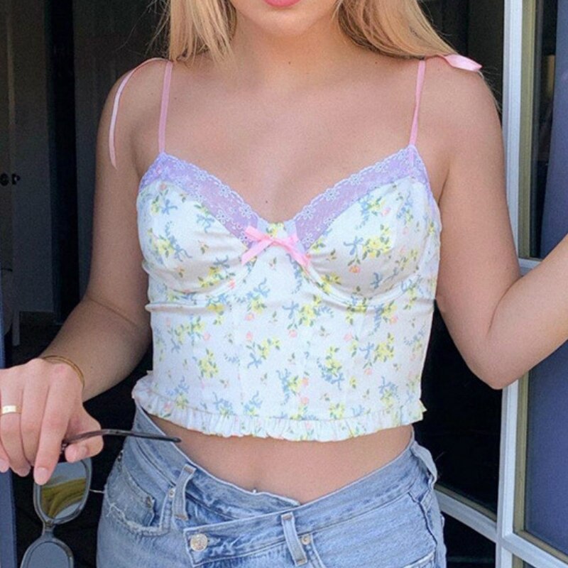 Frauen Crop Top Floral y2k Sommer Patchwork Spitze Sexy Ärmel Low Cut Tops Backless Bodycon Leibchen Strand Cuteandpsycho – Bild 3
