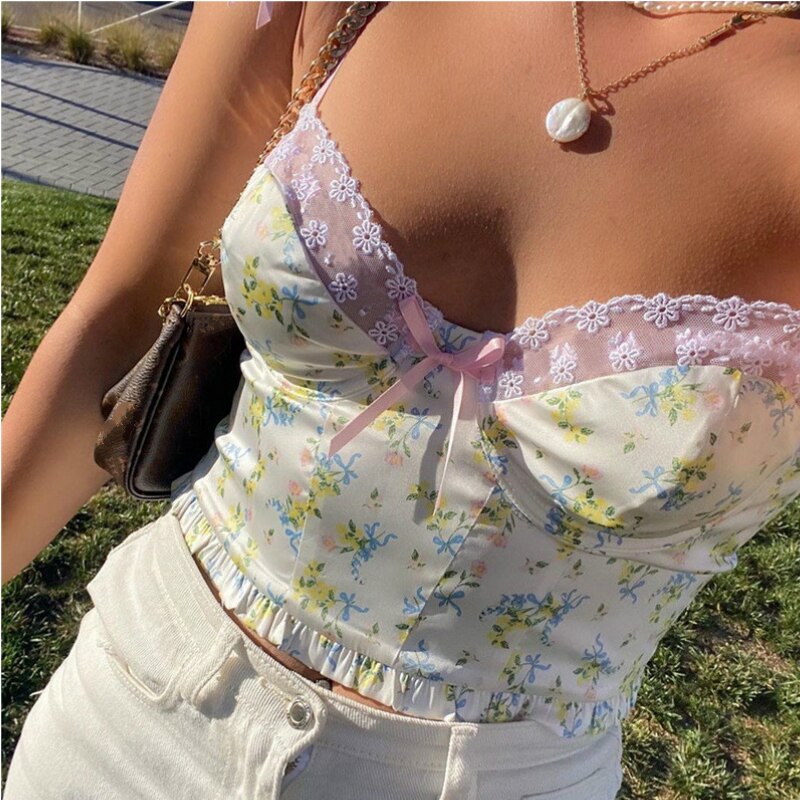 Frauen Crop Top Floral y2k Sommer Patchwork Spitze Sexy Ärmel Low Cut Tops Backless Bodycon Leibchen Strand Cuteandpsycho