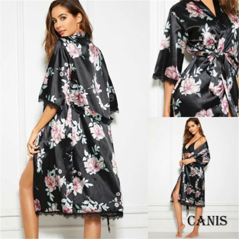 Frauen Damen Sexy Floral Print Bademäntel Satin Seide Brautjungfer Robe Langen Nachthemd Nachtwäsche Pyjamas Dessous Nacht Kleid Kleider – Bild 2