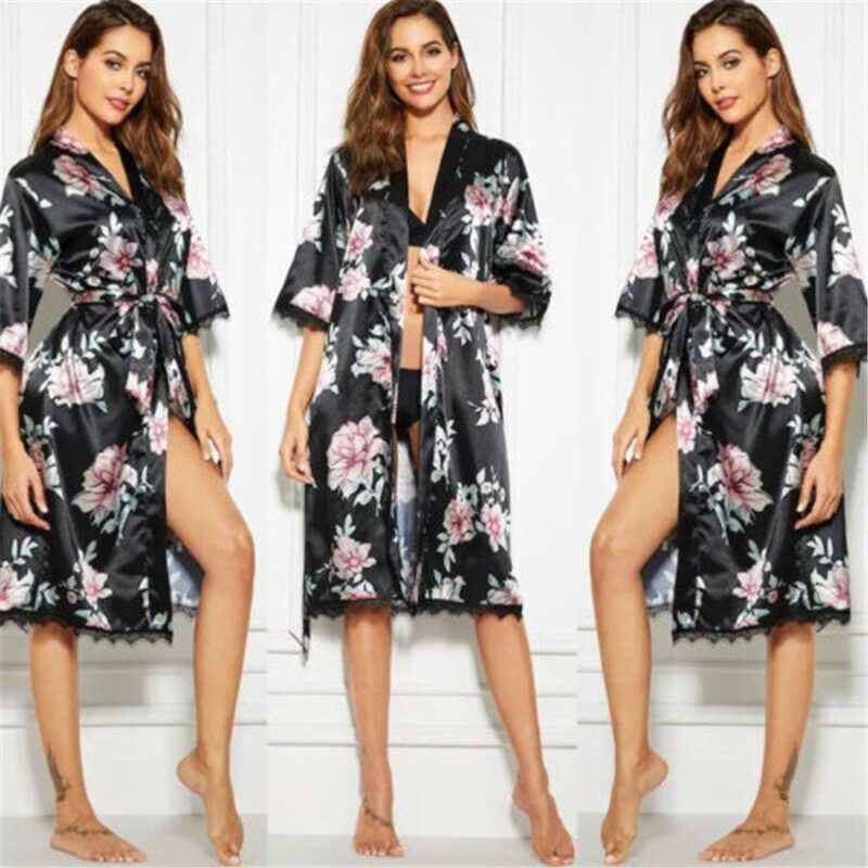 Frauen Damen Sexy Floral Print Bademäntel Satin Seide Brautjungfer Robe Langen Nachthemd Nachtwäsche Pyjamas Dessous Nacht Kleid Kleider – Bild 4