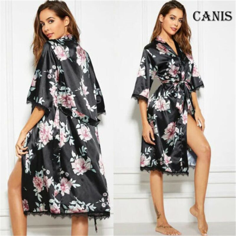 Frauen Damen Sexy Floral Print Bademäntel Satin Seide Brautjungfer Robe Langen Nachthemd Nachtwäsche Pyjamas Dessous Nacht Kleid Kleider