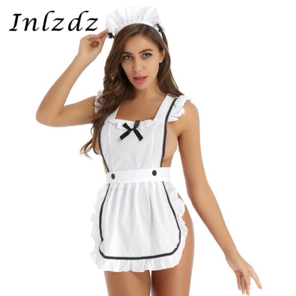 Frauen Erotische Maid Sex Cosplay Kostüm Rüschen Schürze Küche Kochen Reinigung Phantasie Sexy Kleid mit Haar Hoop und G-string Slip