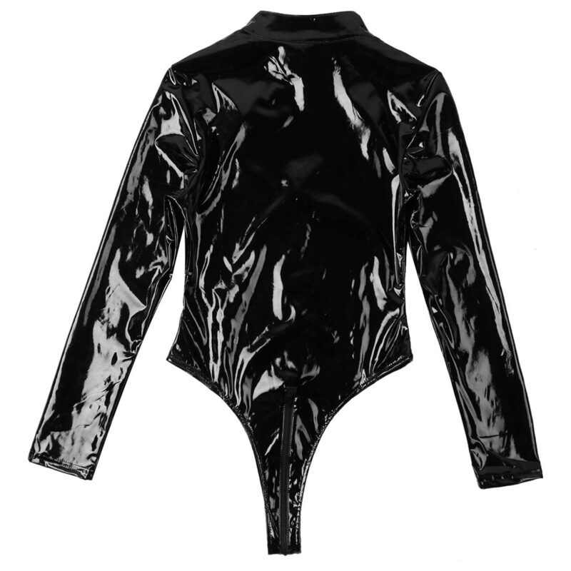 Frauen Exotisches Shiny Latex Catsuit Sexy Pole Rave Dance Trikot Mit Langen Ärmeln Vorder Ausschnitt Zipper Body Porno PVC Leder Strampler – Bild 6