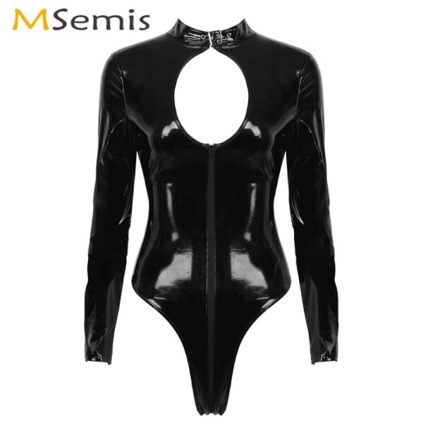 Frauen Exotisches Shiny Latex Catsuit Sexy Pole Rave Dance Trikot Mit Langen Ärmeln Vorder Ausschnitt Zipper Body Porno PVC Leder Strampler